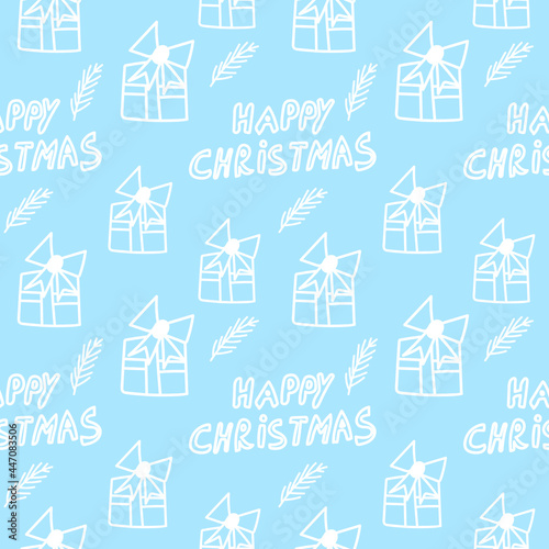 Wallpaper Mural Christmas vector seamless pattern  Lettering,gifts,branches with  white line.Holiday print on blue isolated background in doodle hand drawn style.Design for wrapping paper,textiles,packaging. Torontodigital.ca