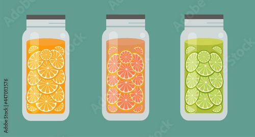 Set of mason jar with citrus lemonade,juice,jam. Summer drink flat illustration.
