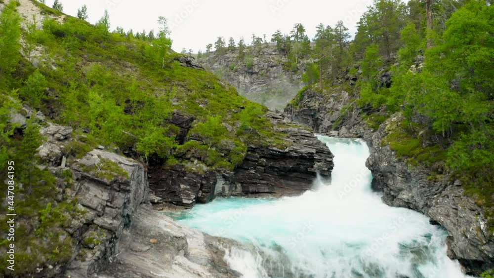 River Rapids Flowing Fast Between Rocks In A Mountain Forest In Stryn, Norway. - Drone Shot, Forward River Rapids Flowing Fast Between Rocks In A Mountain Forest In Stryn, Norway. - Drone Shot, Forward