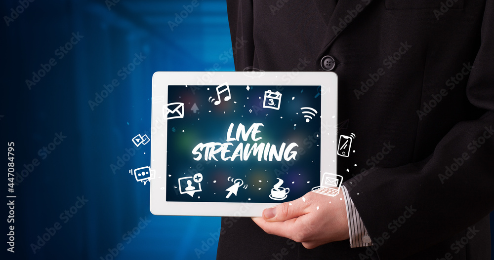 Person holding tablet, social network concept Person holding tablet, social network concept