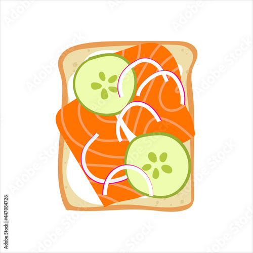 Smoked salmon on toast. Flat hand drawn breakfast illustration of sandwich with lox, cucumber and onion. Yummy healthy snack print for kitchen, menu, cafe.