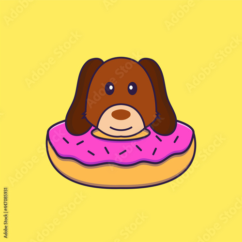 Cute dog with a donut on his neck.