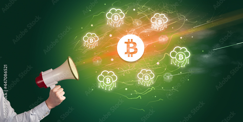 Young person with megaphone and currency icon Young person with megaphone and currency icon