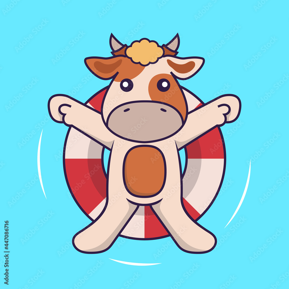 Cute cow is Swimming with a buoy. Cute cow is Swimming with a buoy.