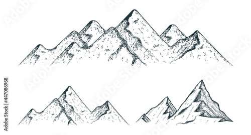 Vector isolated illustration with set of vintage mountain silhouettes. Golden rocky peak landscapes. 