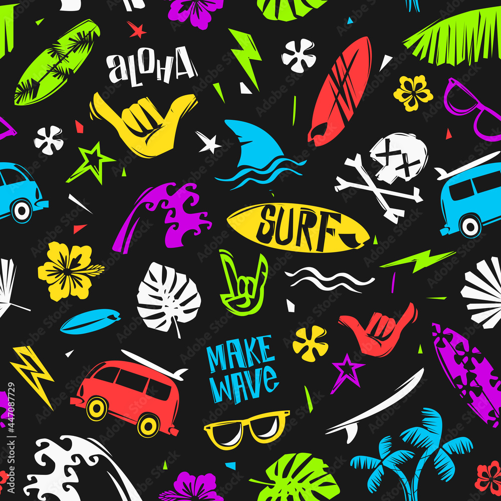 Summer time Surfing colorful seamless pattern template on black background.  Surfing tropical cartoon doodle elements pattern for print fabric design. Endless vector background