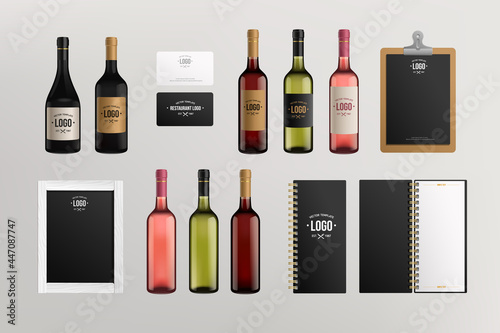 Realistic glass wine bottle set with blank mockup label menu card vector template. Red white pink wine set with black bottle