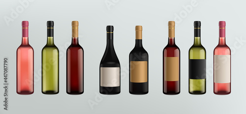 Realistic glass wine bottle set with blank mockup label vector template. Red white pink wine set with black bottle