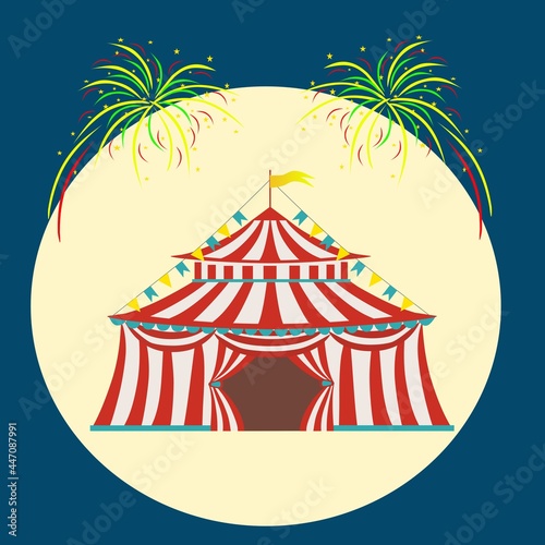 Circus red - white striped tent with a flag on the tops of the dome for carnival or entertainment design.