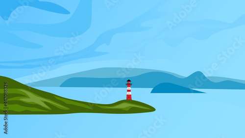 An illustration of a sea bay with a lighthouse on a green cape.