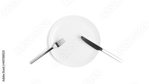 Sign language with cutlery. A plate with cutlery isolated on a white background. Plate, knife, fork on a white background.
