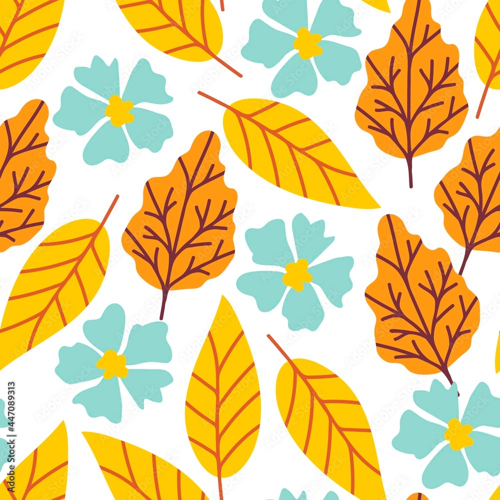 Obraz premium Simple bright floral vector seamless pattern. Yellow, orange autumn leaves, blue flowers on a white background. For printing on fabrics, textiles, stationery. Seasonal design.