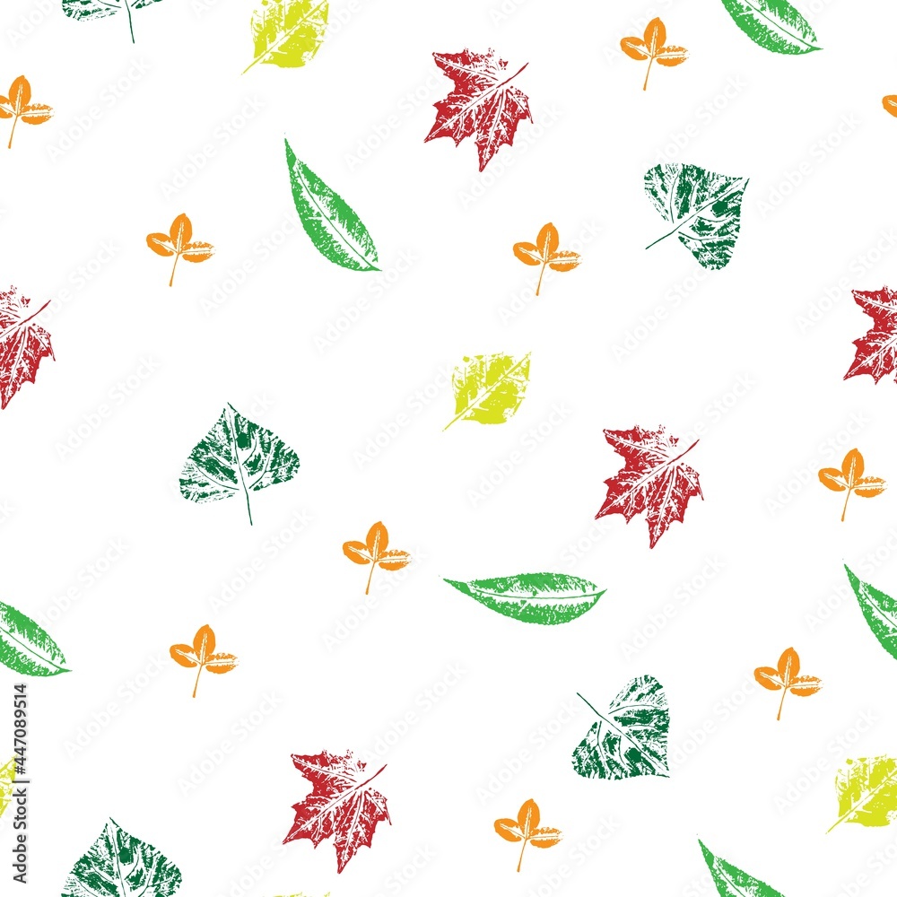 Handmade seamless pattern with autumn leaves on a white background. Vector grunge leaf print. Printing on fabric, wallpaper, packaging, stylization under a stamp or imprint; rustic or boho style