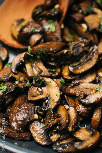 Closeup photo of sautéed cremini mushrooms