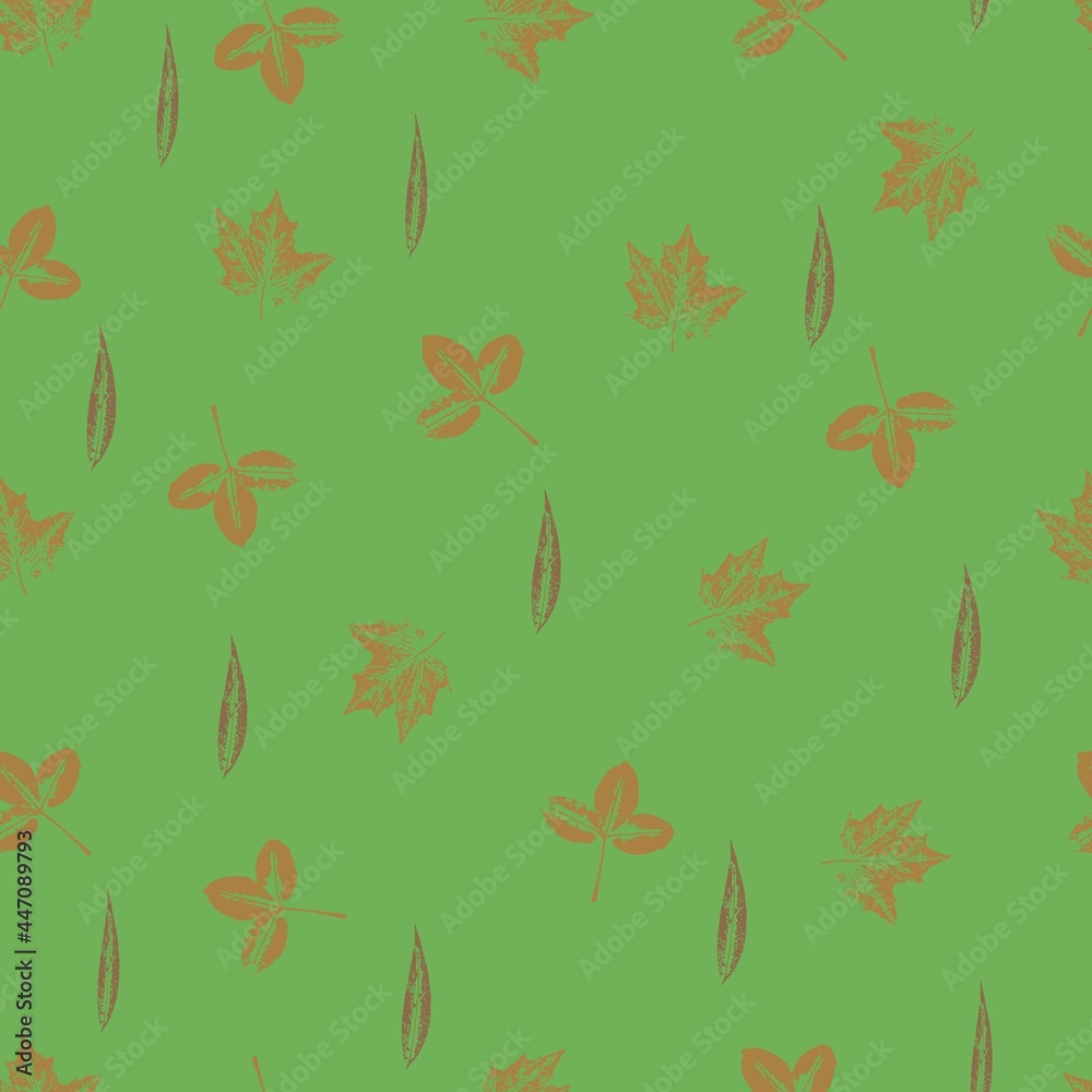 Handmade seamless pattern with delicate leaves on a green bright background. Vector grunge leaf print. Printing on fabric, wallpaper, packaging, stylization under a stamp or an imprint 