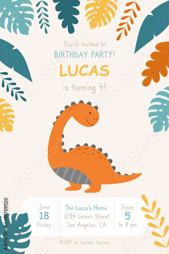A birthday invitation. A hand drawn cute orange dino. A children's poster with a dinosaur. Vector illustration.