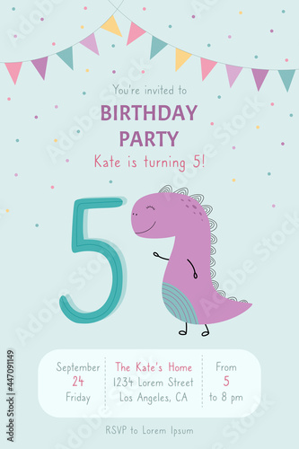 A birthday invitation. A hand drawn cute dinosaur with the number five. A children's poster decorated with flags. Vector illustration.
