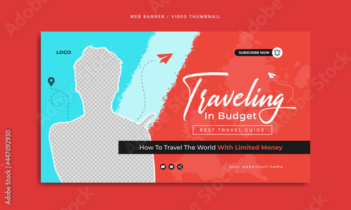 Video thumbnail and web banner template for travelling business marketing. Summer beach holiday travel, tour or tourism online promotion flyer design. Social media post abstract graphic background    