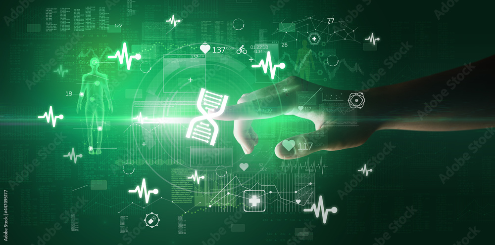 Doctor hand pressing futuristic health device with medical symbol on screen Doctor hand pressing futuristic health device with medical symbol on screen