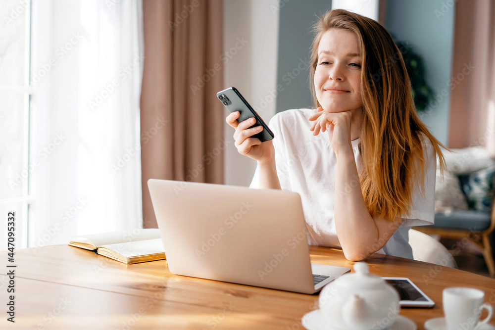 The manager works on a laptop remotely on the site. A female student does homework at home online. The housewife counts the budget of expenses in the table. The manager works on a laptop remotely on the site. A female student does homework at home online. The housewife counts the budget of expenses in the table.