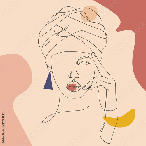 Outline woman with turban in abstract style. Modern vector illustration. Female abstract face 