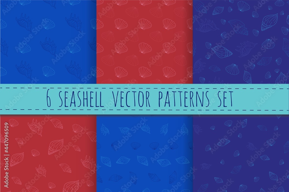 Seashell vector patterns set on red and blue backgrounds Seashell vector patterns set on red and blue backgrounds