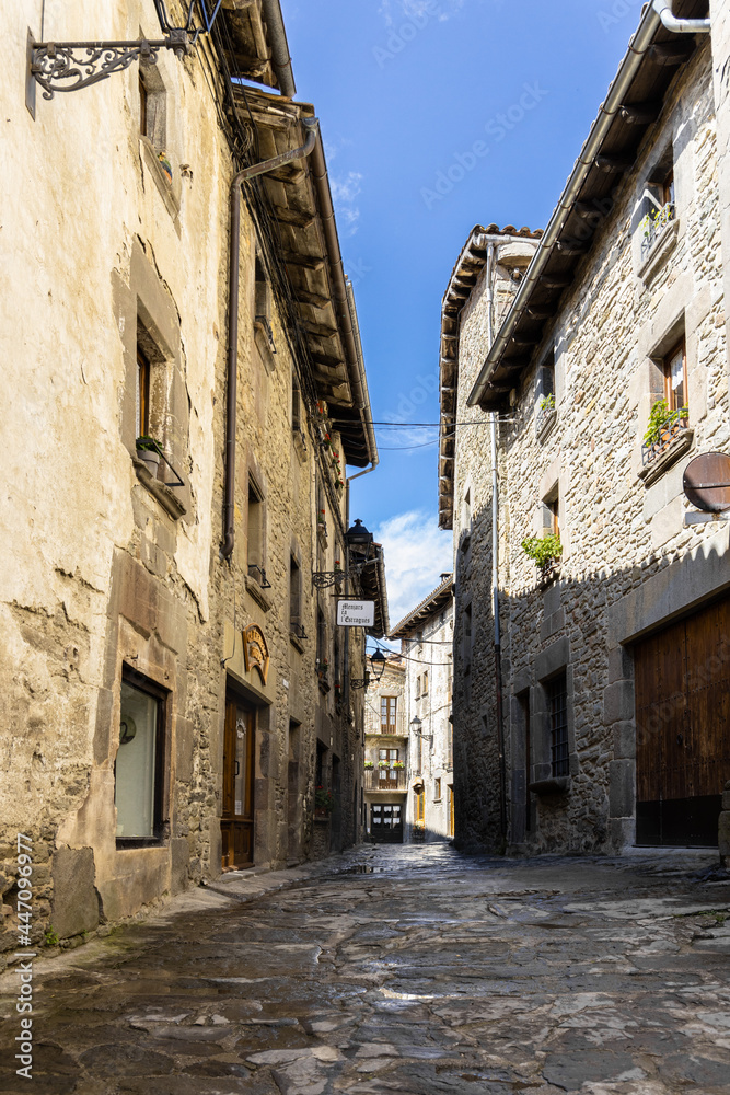 Empty street of medieval spanish village Rupit, old stone street in Catalonia, Spain