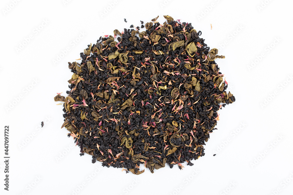 Dry tea leaves isolated on white background. View from above. Design element. Dry tea leaves isolated on white background. View from above. Design element.