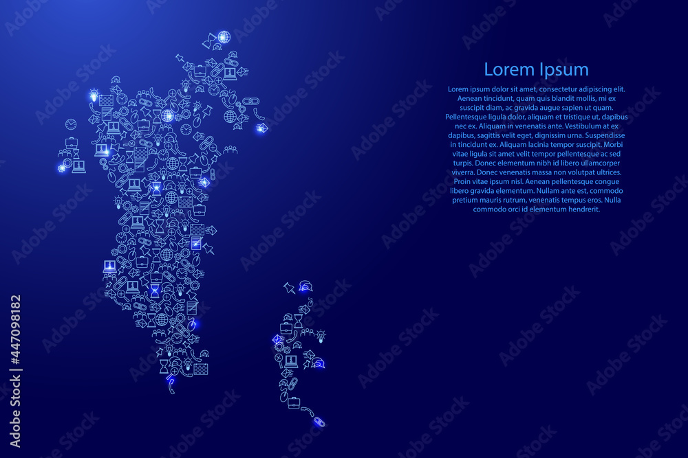 Bahrain map from blue and glowing stars icons pattern set of SEO analysis concept or development, business. Vector illustration.