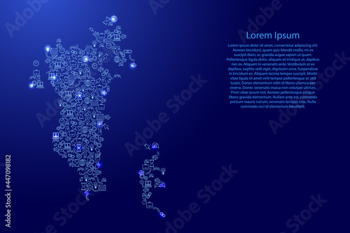 Bahrain map from blue and glowing stars icons pattern set of SEO analysis concept or development, business. Vector illustration.