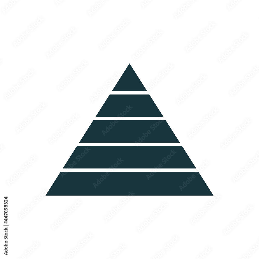 Pyramid infographic template with 5 charts. Business concept. Black triangle data segments. Hierarchy design graphic element. Vector illustration isolated on white.
