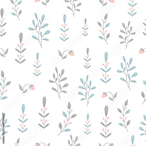 Seamless texture. Branches, leaves and berries, for backgrounds, textiles, fabrics, wallpapers, wrapping paper. Pastel colors.