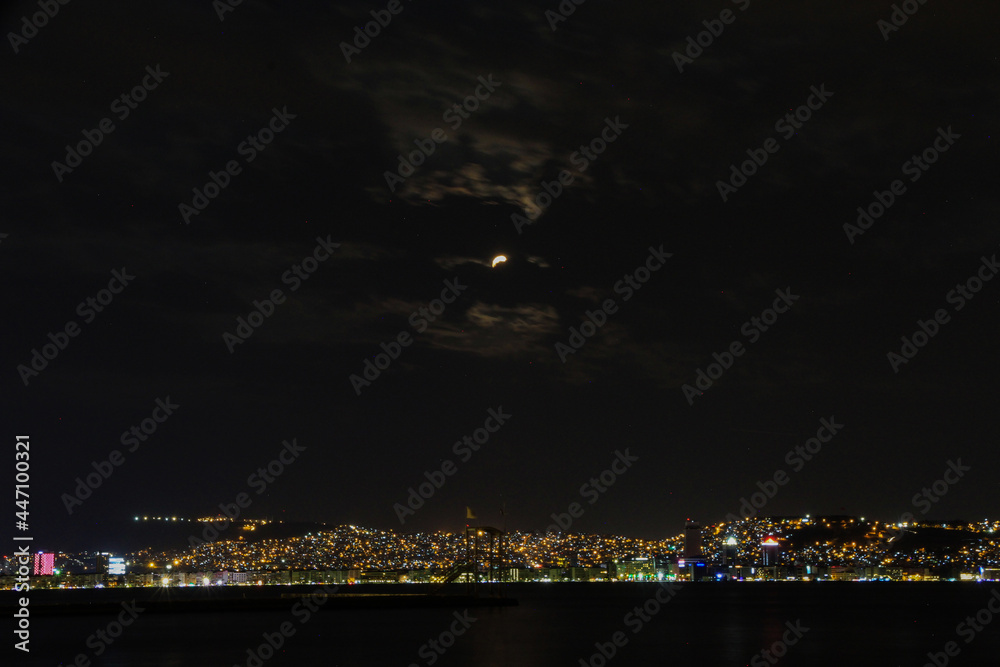 night sky , city , sea and full moon