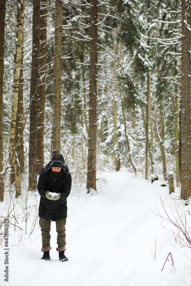 Bearded man in the winter woods. Attractive happy young man with beard walk in the park.