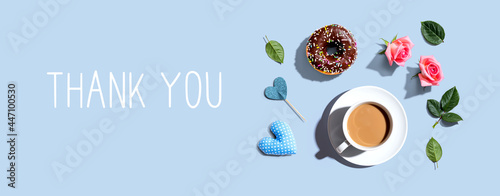 Thank you message with a cup of coffee and a donut
