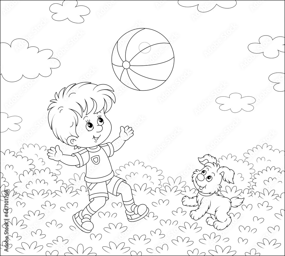 Fototapeta Szczęśliwy mały chłopiec biegający i grający w dużą piłkę w paski ze swoim uroczym wesołym szczeniakiem w ładnym parku na letnie wakacje, czarno-biały kontur wektor ilustracja kreskówka na stronę książki do kolorowania