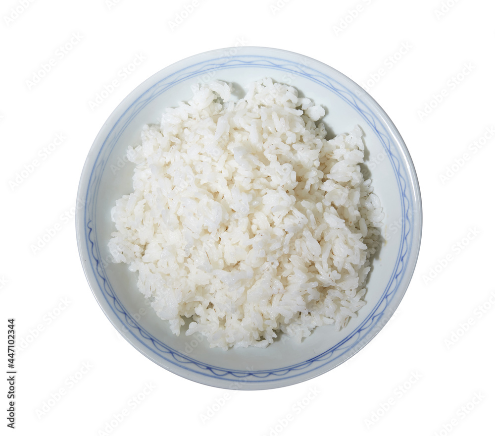 Cooked rice on old style plate isolated on white background Cooked rice on old style plate isolated on white background