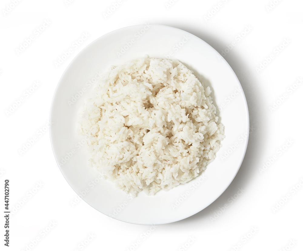 Cooked rice on white porcelain plate isolated on white background Cooked rice on white porcelain plate isolated on white background