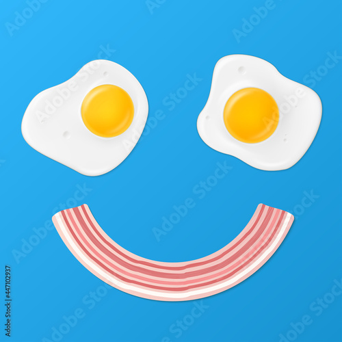 Funny childish good morning poster vector flat illustration. Traditional breakfast eggs and bacon