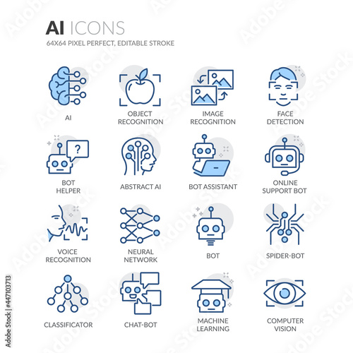 Simple Set of Artificial Intelligence Related Vector Line Icons.  Contains such Icons as Object Recognition, Machine Learning, Support Bot and more. Editable Stroke. 64x64 Pixel Perfect.