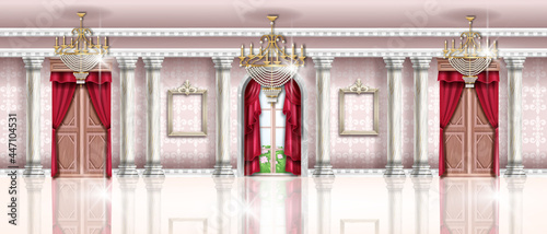 Palace interior vector background, rich vintage ballroom hall, royal luxury baroque room, marble floor. Old wooden door, red curtain, pillars, arch window, column, chandelier. Banquet palace interior