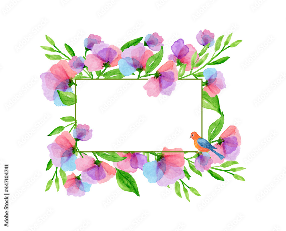 Floral geometric vector design frame. Pink flowers.Beautiful pink flowers and leaves watercolor .