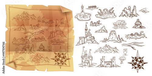 Old game map, vector vintage parchment illustration, travel doodle cartography object set, wind rose. Fantasy kingdom, castle, mountains, ruin sketch kit. Grunge parchment piece, ancient old map