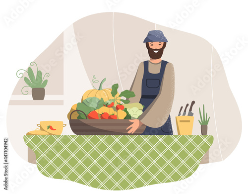 Smiling positive man with a basket of fresh tasty vegetables in the kitchen. Cooking from healthy farm vegetables, freezing for the winter, harvest, vegetarianism, healthy eating. Vector.