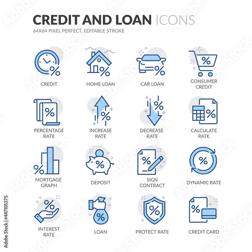 Simple Set of Credit and Loan Related Vector Line Icons.  Contains such Icons as Rate Calculator, Credit Card, Deposit and more. Editable Stroke. 64x64 Pixel Perfect.