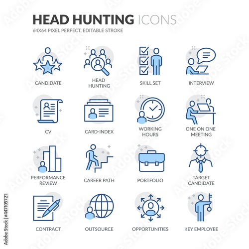 Simple Set of Head Hunting Related Vector Line Icons.  Contains such Icons as Candidate, CV, Card Index, Outsource and more. Editable Stroke. 64x64 Pixel Perfect.