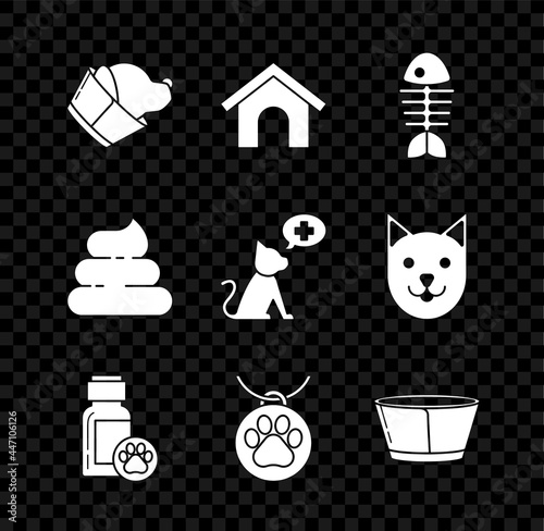 Set Veterinary clinic symbol, Dog house, Fish skeleton, medicine bottle, Collar with name tag, Protective cone collar, Shit and icon. Vector