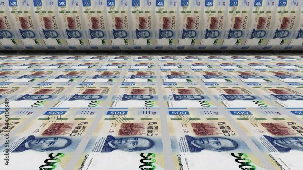 Inflation. Mexican peso banknotes or bills, MXN currency cash in Mexico. Stack of money printing machine. Paper in central bank. Economic, finance. Laundering.Rich exchange. 3d illustration