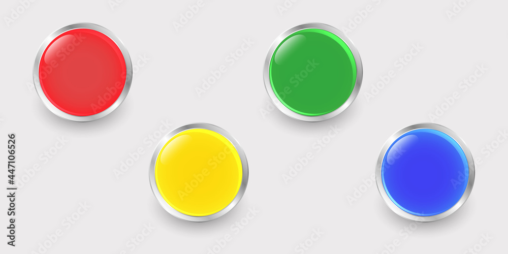 A set of round buttons with lens flare effect and chrome border. Red, green, blue, yellow and silver colors. 3 D. Vector illustration. A set of round buttons with lens flare effect and chrome border. Red, green, blue, yellow and silver colors. 3 D. Vector illustration.