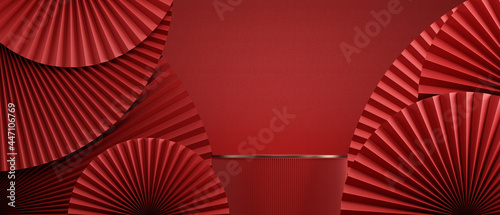 Chinese style minimal abstract background .chinese pan and podium with red background for product presentation. 3d rendering illustration.